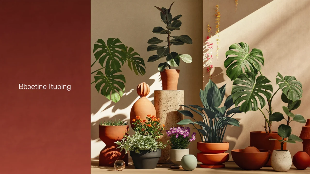 Illustration af en stue med planter i varme terracottatoner