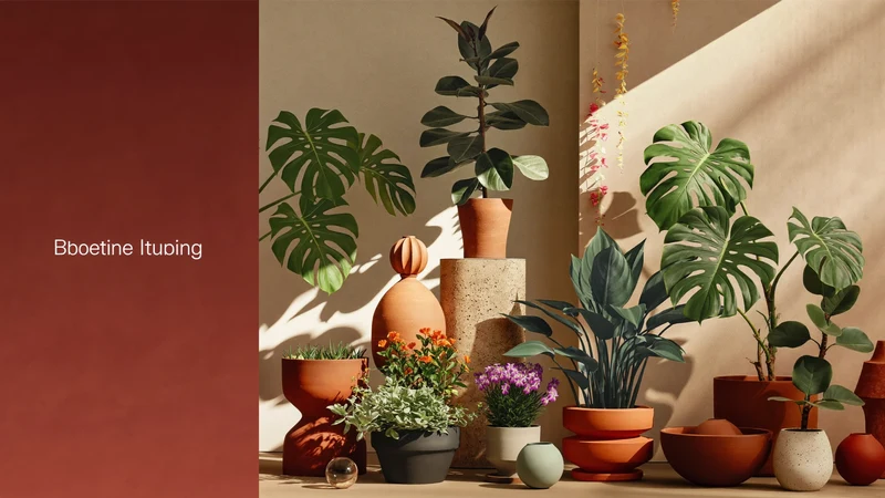 Illustration af en stue med planter i varme terracottatoner